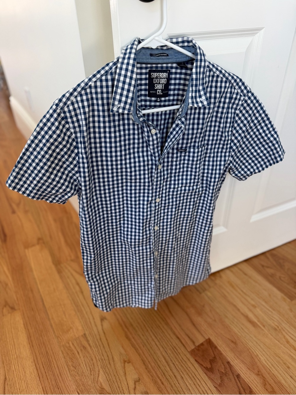 Superdry Men’s Navy and White Gingham Short-Sleeve Button-Down Shirt Size S